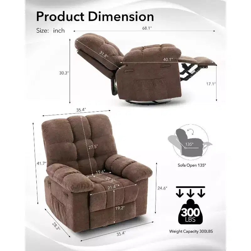 COZONY Poltrona reclinabile girevole a dondolo per adulti, sedia a dondolo imbottita in ciniglia, inclinazione manuale, poggiapiedi, girevole a 360°, soggiorno/cameretta