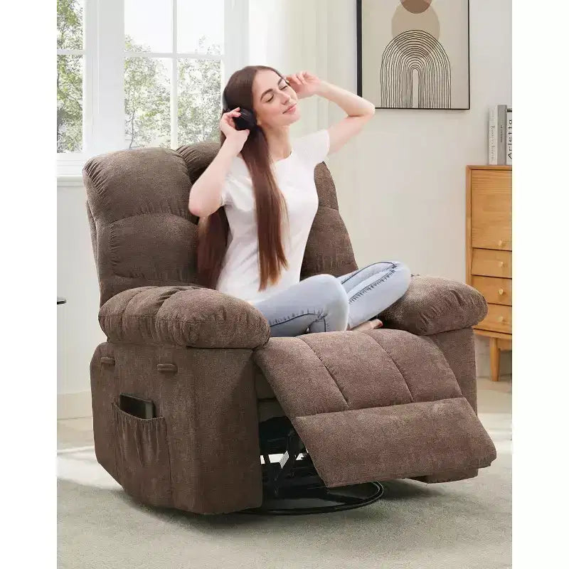 COZONY Poltrona reclinabile girevole a dondolo per adulti, sedia a dondolo imbottita in ciniglia, inclinazione manuale, poggiapiedi, girevole a 360°, soggiorno/cameretta