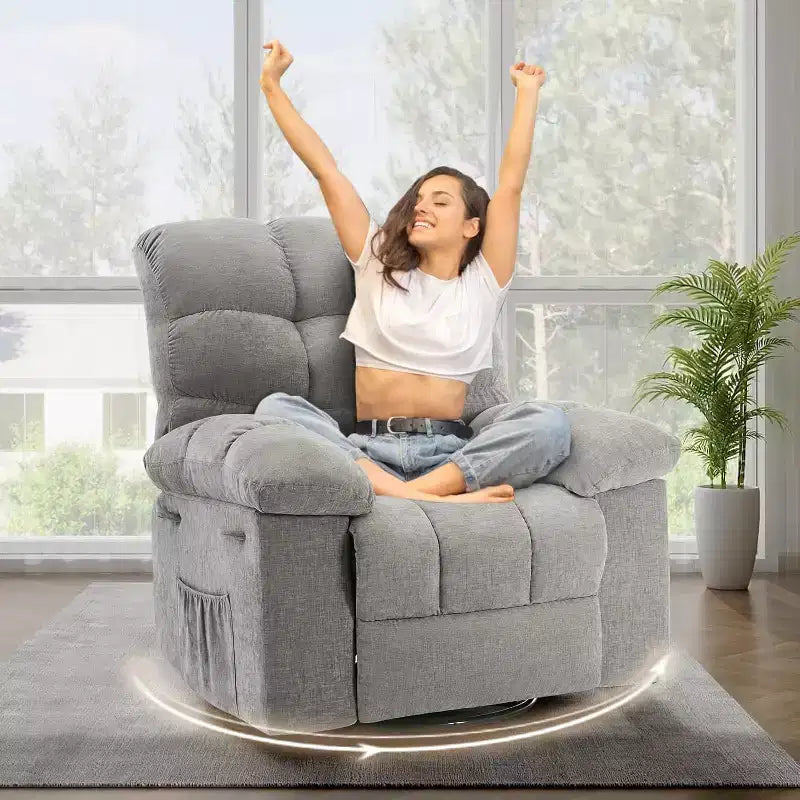 COZONY Poltrona reclinabile girevole a dondolo per adulti, sedia a dondolo imbottita in ciniglia, inclinazione manuale, poggiapiedi, girevole a 360°, soggiorno/cameretta