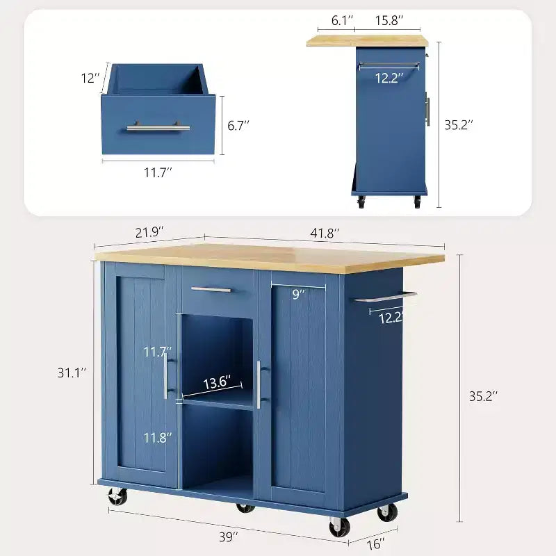 Carrello da Cucina su Ruote Celebalcony con Piano in Legno Massello, Isola da Lavoro Portatile con Ripiani, 1 Cassetto e Ruote Bloccabili