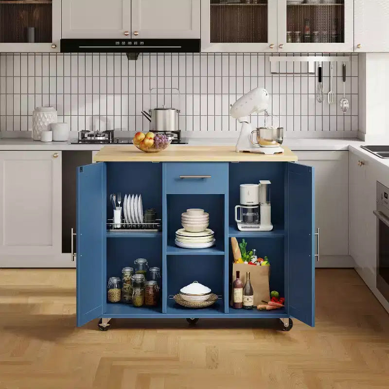 Carrello da Cucina su Ruote Celebalcony con Piano in Legno Massello, Isola da Lavoro Portatile con Ripiani, 1 Cassetto e Ruote Bloccabili