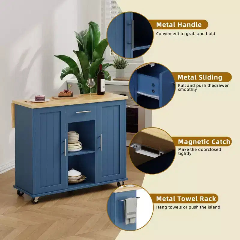 Carrello da Cucina su Ruote Celebalcony con Piano in Legno Massello, Isola da Lavoro Portatile con Ripiani, 1 Cassetto e Ruote Bloccabili