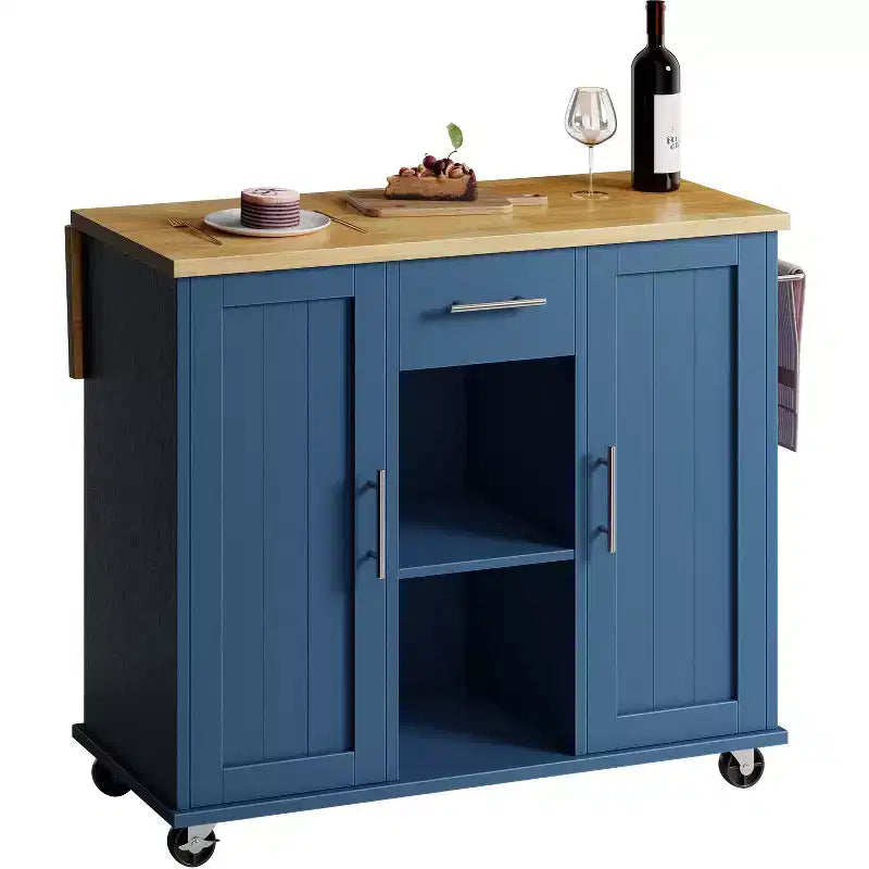 Carrello da Cucina su Ruote Celebalcony con Piano in Legno Massello, Isola da Lavoro Portatile con Ripiani, 1 Cassetto e Ruote Bloccabili