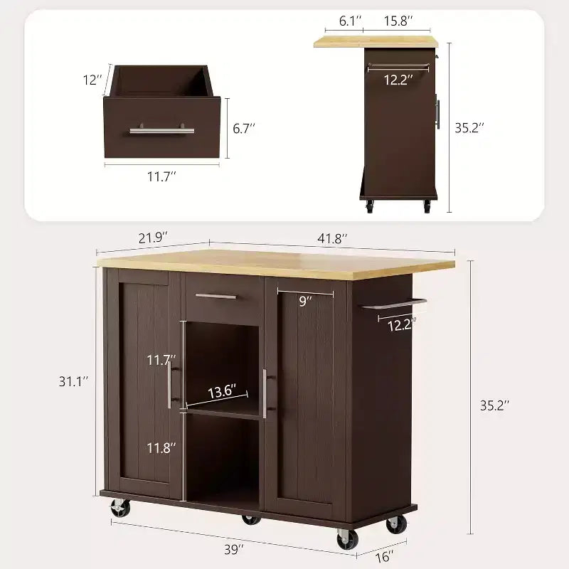 Carrello da Cucina su Ruote Celebalcony con Piano in Legno Massello, Isola da Lavoro Portatile con Ripiani, 1 Cassetto e Ruote Bloccabili