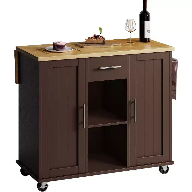 Carrello da Cucina su Ruote Celebalcony con Piano in Legno Massello, Isola da Lavoro Portatile con Ripiani, 1 Cassetto e Ruote Bloccabili