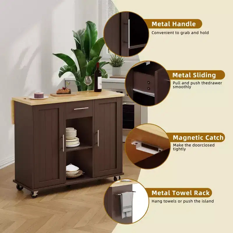 Carrello da Cucina su Ruote Celebalcony con Piano in Legno Massello, Isola da Lavoro Portatile con Ripiani, 1 Cassetto e Ruote Bloccabili