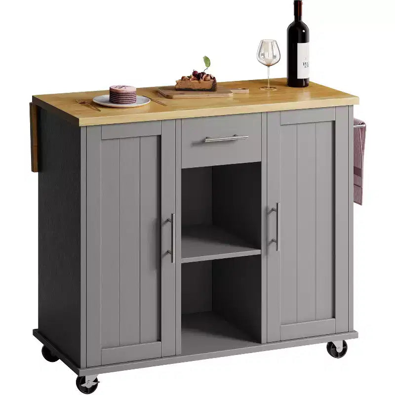 Carrello da Cucina su Ruote Celebalcony con Piano in Legno Massello, Isola da Lavoro Portatile con Ripiani, 1 Cassetto e Ruote Bloccabili