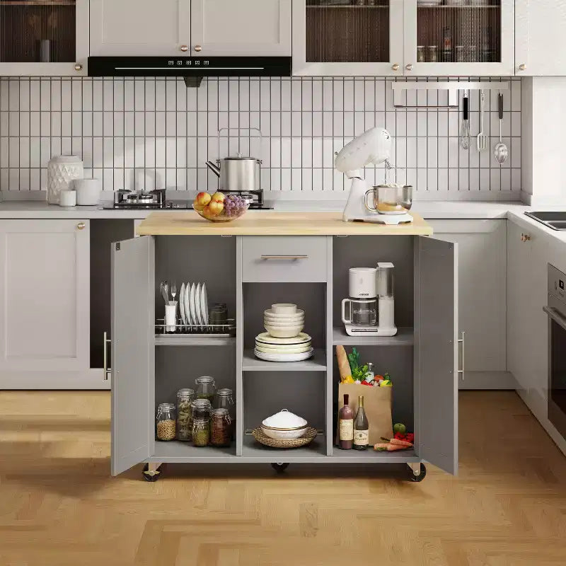 Carrello da Cucina su Ruote Celebalcony con Piano in Legno Massello, Isola da Lavoro Portatile con Ripiani, 1 Cassetto e Ruote Bloccabili
