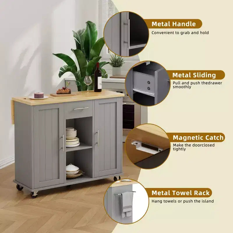 Carrello da Cucina su Ruote Celebalcony con Piano in Legno Massello, Isola da Lavoro Portatile con Ripiani, 1 Cassetto e Ruote Bloccabili