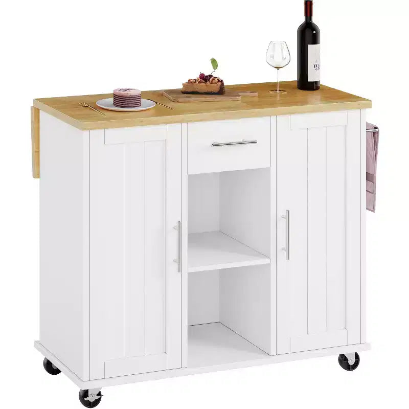 Carrello da Cucina su Ruote Celebalcony con Piano in Legno Massello, Isola da Lavoro Portatile con Ripiani, 1 Cassetto e Ruote Bloccabili