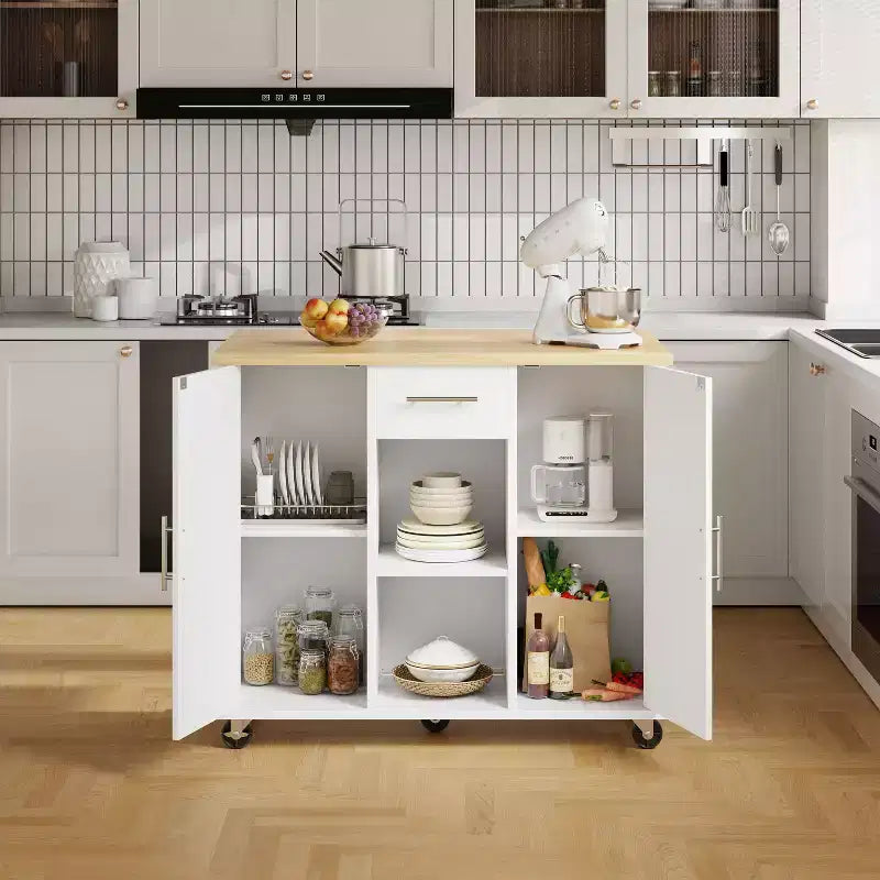 Carrello da Cucina su Ruote Celebalcony con Piano in Legno Massello, Isola da Lavoro Portatile con Ripiani, 1 Cassetto e Ruote Bloccabili