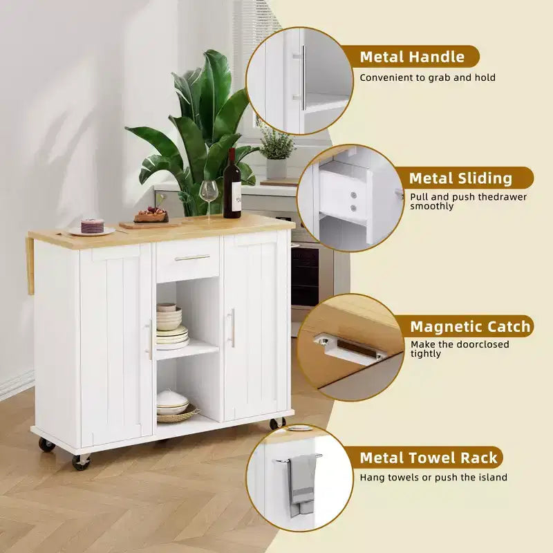 Carrello da Cucina su Ruote Celebalcony con Piano in Legno Massello, Isola da Lavoro Portatile con Ripiani, 1 Cassetto e Ruote Bloccabili