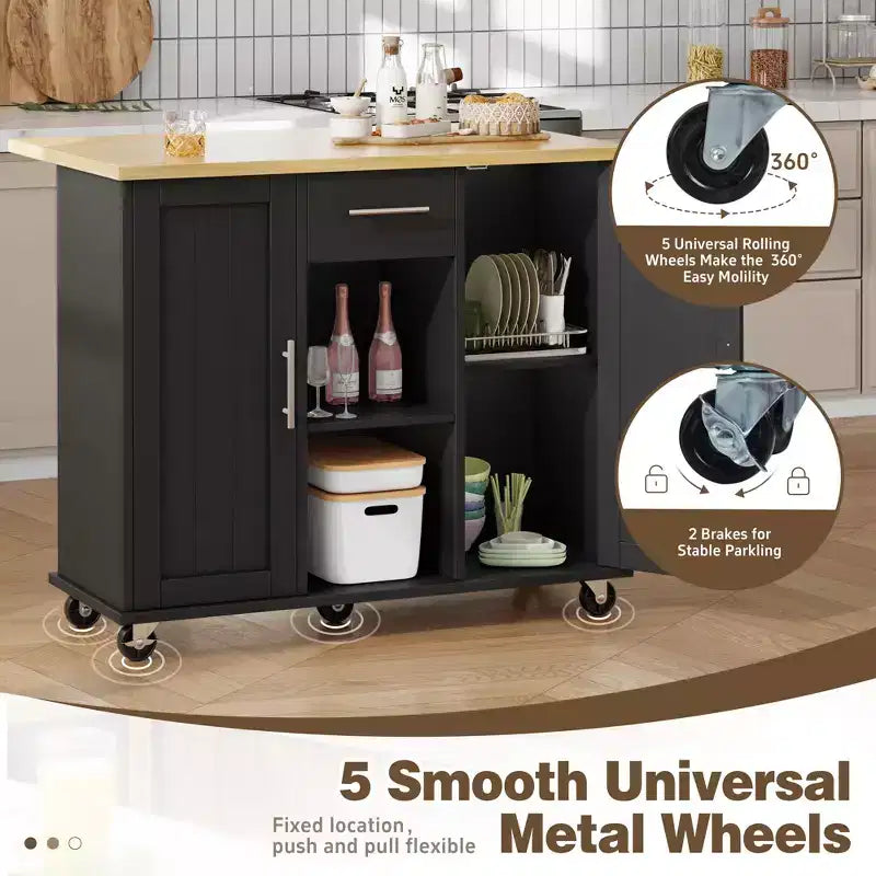 Carrello da Cucina su Ruote Celebalcony con Piano in Legno Massello, Isola da Lavoro Portatile con Ripiani, 1 Cassetto e Ruote Bloccabili