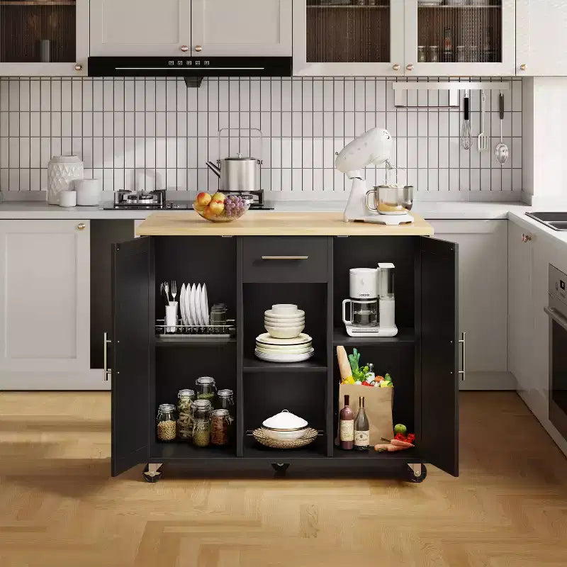 Carrello da Cucina su Ruote Celebalcony con Piano in Legno Massello, Isola da Lavoro Portatile con Ripiani, 1 Cassetto e Ruote Bloccabili