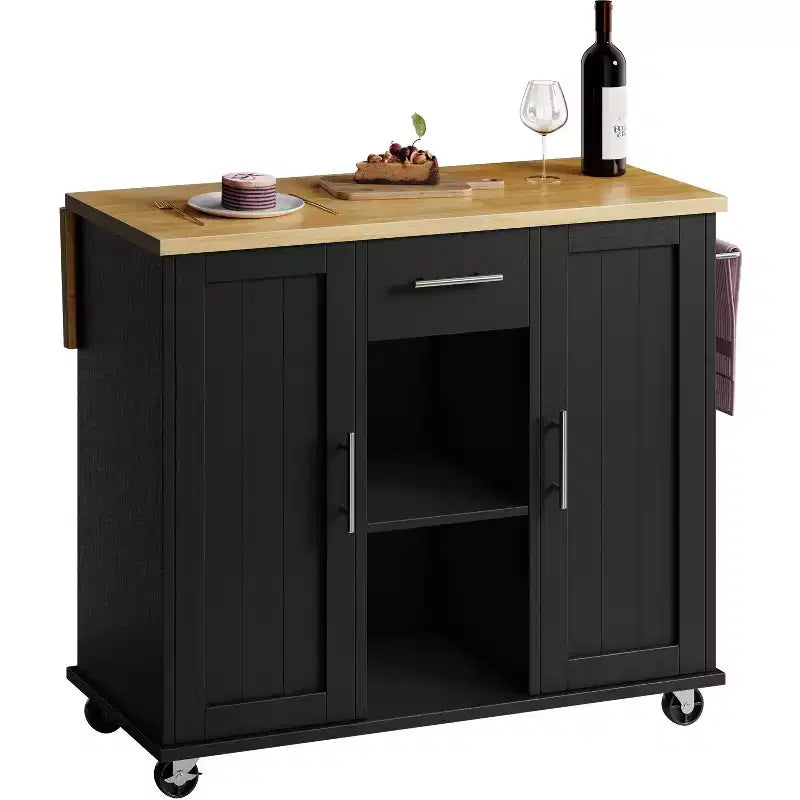 Carrello da Cucina su Ruote Celebalcony con Piano in Legno Massello, Isola da Lavoro Portatile con Ripiani, 1 Cassetto e Ruote Bloccabili
