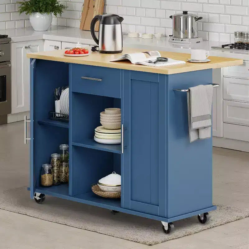 Carrello da Cucina su Ruote Celebalcony con Piano in Legno Massello, Isola da Lavoro Portatile con Ripiani, 1 Cassetto e Ruote Bloccabili