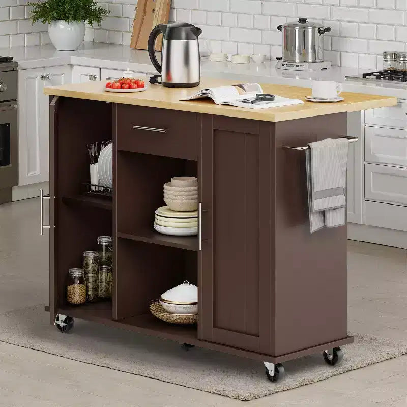 Carrello da Cucina su Ruote Celebalcony con Piano in Legno Massello, Isola da Lavoro Portatile con Ripiani, 1 Cassetto e Ruote Bloccabili