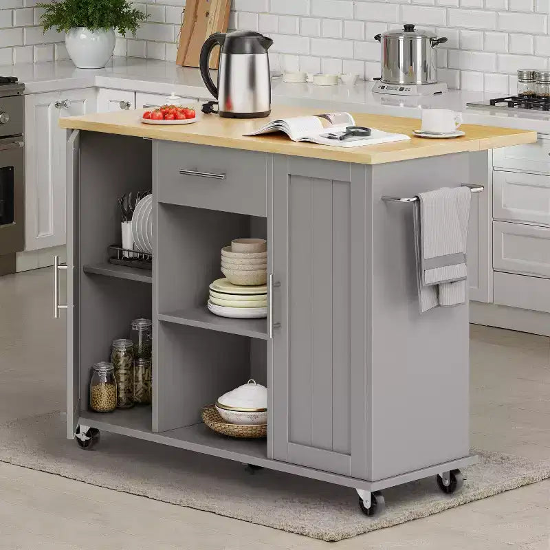 Carrello da Cucina su Ruote Celebalcony con Piano in Legno Massello, Isola da Lavoro Portatile con Ripiani, 1 Cassetto e Ruote Bloccabili