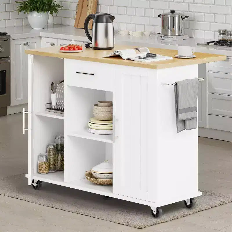 Carrello da Cucina su Ruote Celebalcony con Piano in Legno Massello, Isola da Lavoro Portatile con Ripiani, 1 Cassetto e Ruote Bloccabili
