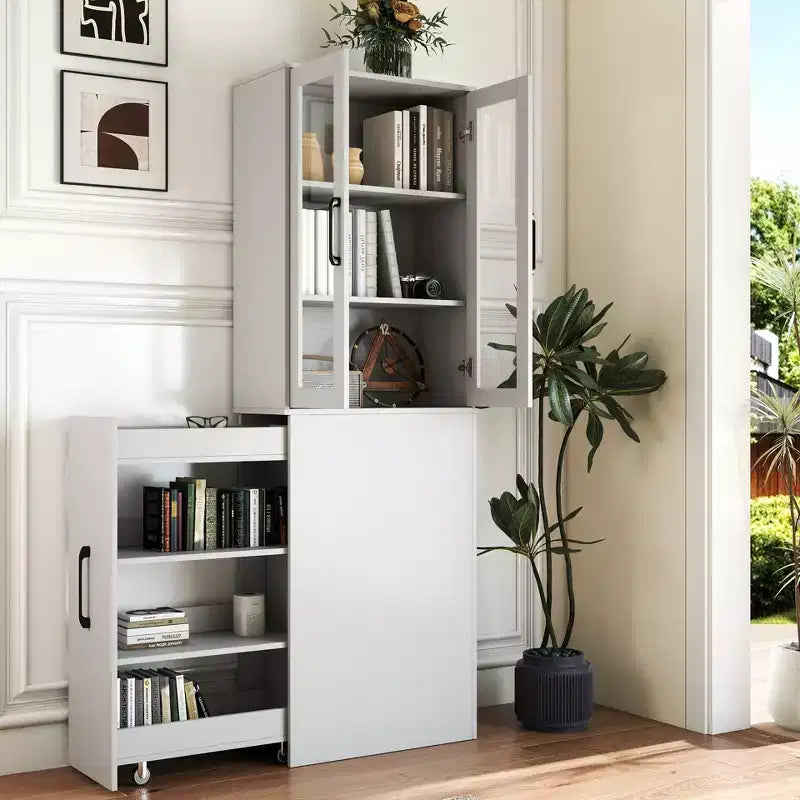 JVNOXK-70.87inch Tall Display Storage Cabinet with Four-Tier Multi-Function Pull-Out Shelves and Double Glass Doors, Kitchen Storage Cabinet-Wood