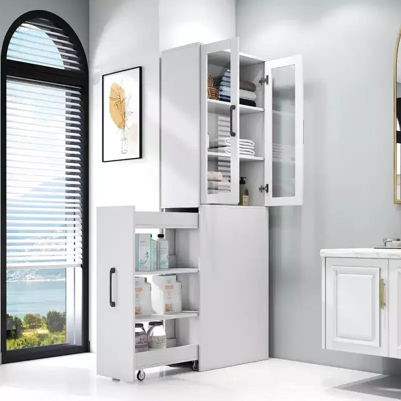 JVNOXK-Mobile contenitore da 179,98 cm con quattro ripiani estraibili multifunzione e doppie ante in vetro, mobile da cucina - Legno