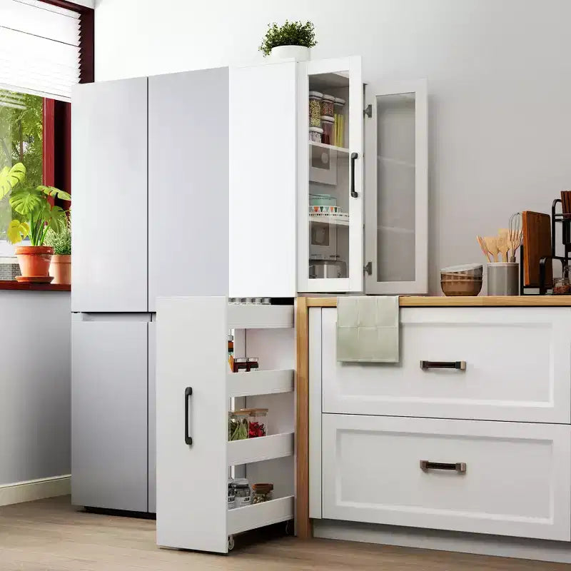 JVNOXK-Mobile contenitore da 179,98 cm con quattro ripiani estraibili multifunzione e doppie ante in vetro, mobile da cucina - Legno