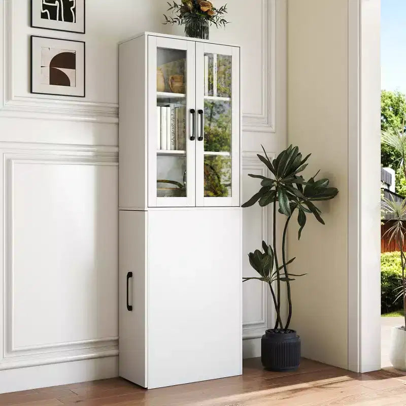 JVNOXK-Mobile contenitore da 179,98 cm con quattro ripiani estraibili multifunzione e doppie ante in vetro, mobile da cucina - Legno