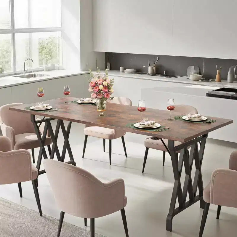 77 Tavolo da Pranzo in Legno per 4-6 Persone, Tavolo da Cucina Rettangolare con Gambe in Metallo, Tavolo da Pranzo Stile Rustico per Sala da Pranzo Soggiorno, Senza Sedie