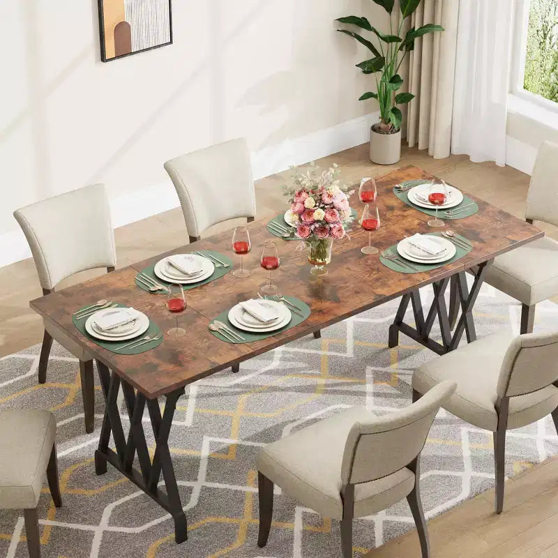 77 Tavolo da Pranzo in Legno per 4-6 Persone, Tavolo da Cucina Rettangolare con Gambe in Metallo, Tavolo da Pranzo Stile Rustico per Sala da Pranzo Soggiorno, Senza Sedie