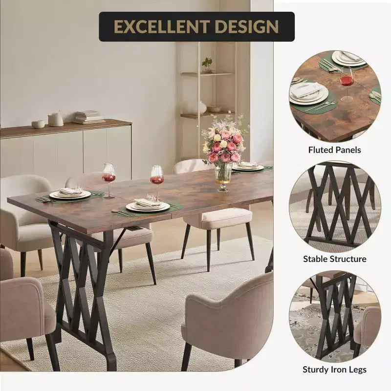 77 Tavolo da Pranzo in Legno per 4-6 Persone, Tavolo da Cucina Rettangolare con Gambe in Metallo, Tavolo da Pranzo Stile Rustico per Sala da Pranzo Soggiorno, Senza Sedie