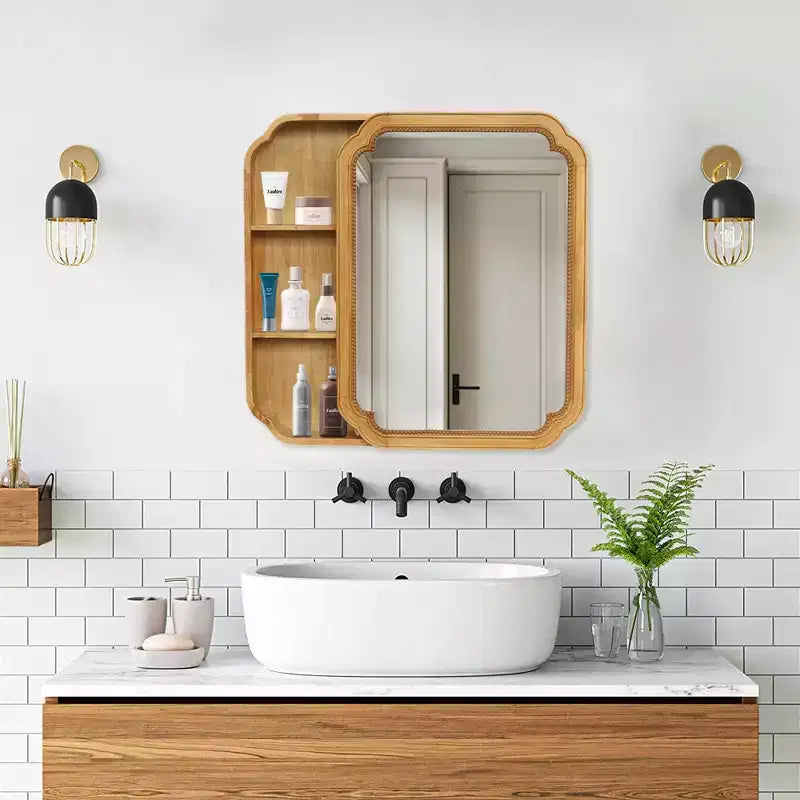 GDFStudio Pensile da Bagno Farmhouse Collins con Specchio ad Angoli Arrotondati e Ripiani Contenitori