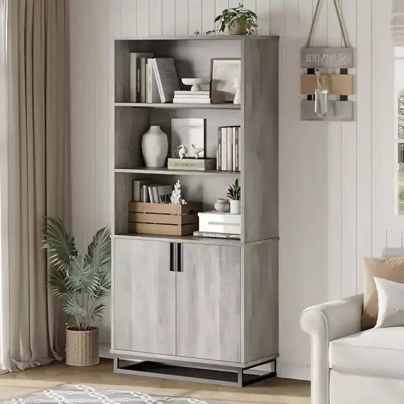 GustoWave 71 5-Tier Farmhouse Bookshelf with Storage Cabinet & Adjustable Shelves, Floor Standing Display Book Shelf for Home Office, Grey