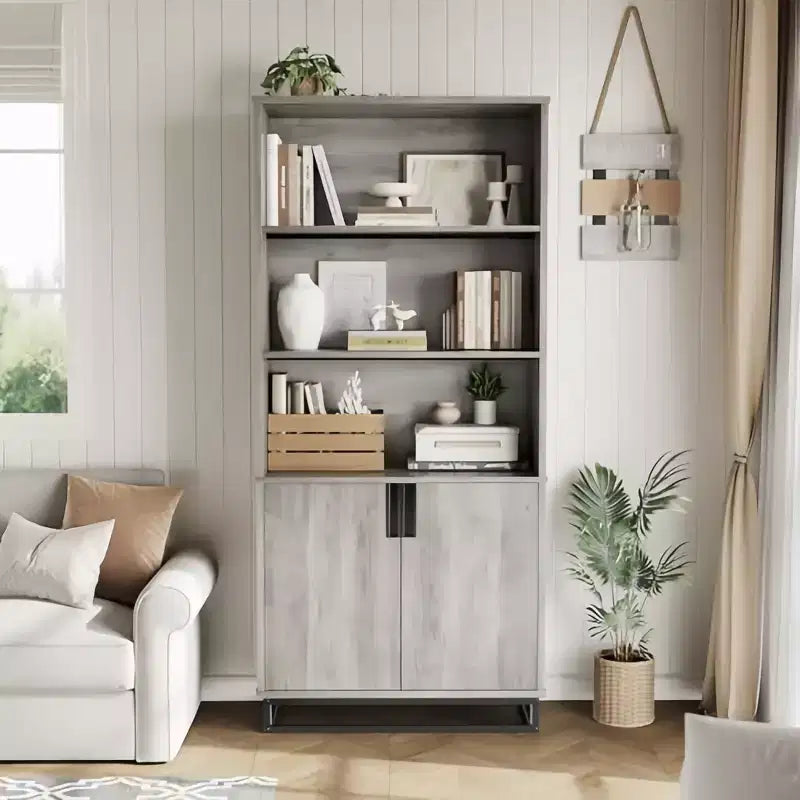 GustoWave 71 Scaffale a 5 Livelli in Stile Rustico con Armadietto e Ripiani Regolabili, Libreria da Terra Espositiva per Casa Ufficio, Grigio