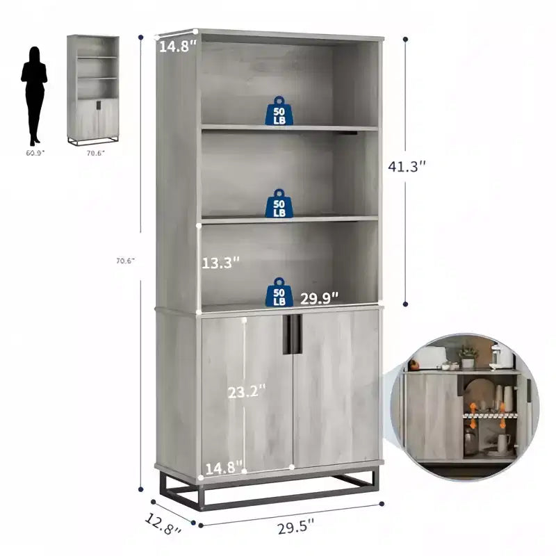 GustoWave 71 Scaffale a 5 Livelli in Stile Rustico con Armadietto e Ripiani Regolabili, Libreria da Terra Espositiva per Casa Ufficio, Grigio