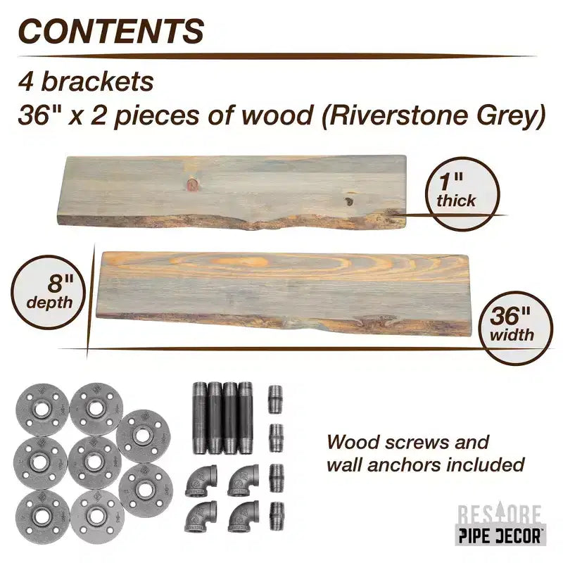 Pipe Decor 36 mensola in legno massello Riverstone Grey con staffe a L per tubi (confezione da 2)