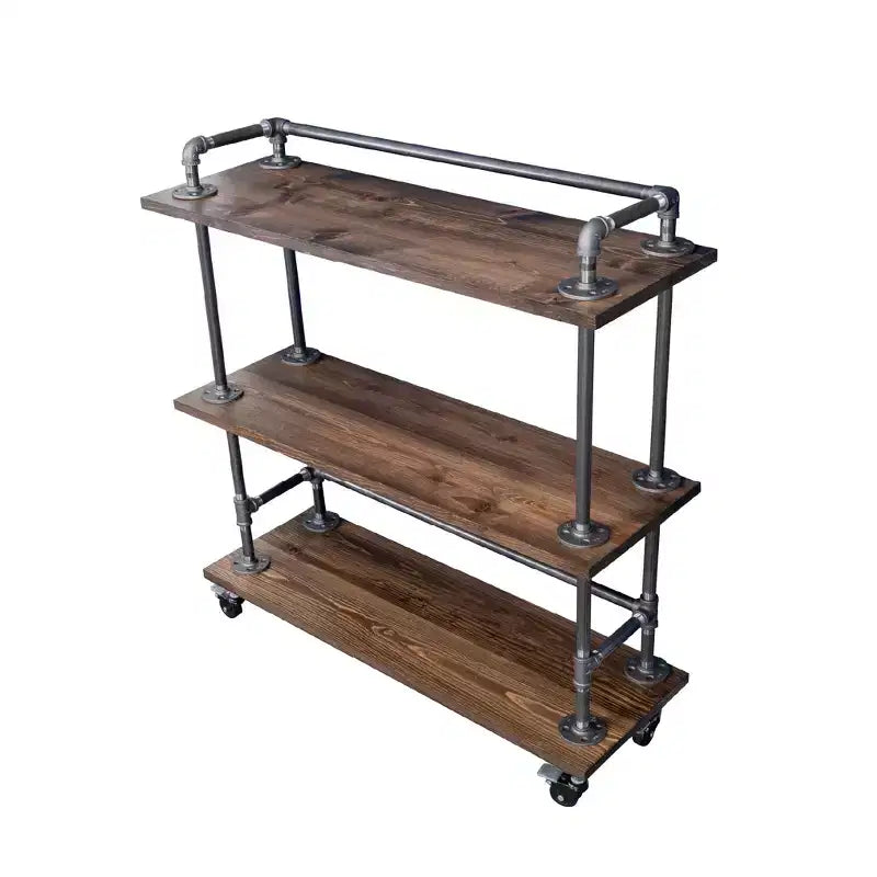 Pipe Decor Three-tier Wood Shelf Industrial Bar Cart with Locking Wheels, Trail Brown