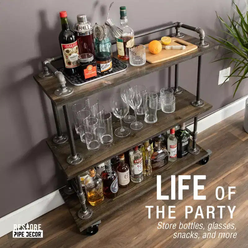 Pipe Decor Carrello Bar Industriale a Tre Ripiani in Legno con Ruote Bloccabili, Trail Brown