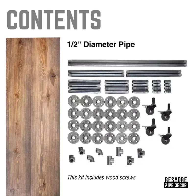 Pipe Decor Carrello Bar Industriale a Tre Ripiani in Legno con Ruote Bloccabili, Trail Brown