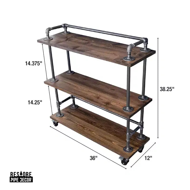 Pipe Decor Carrello Bar Industriale a Tre Ripiani in Legno con Ruote Bloccabili, Trail Brown