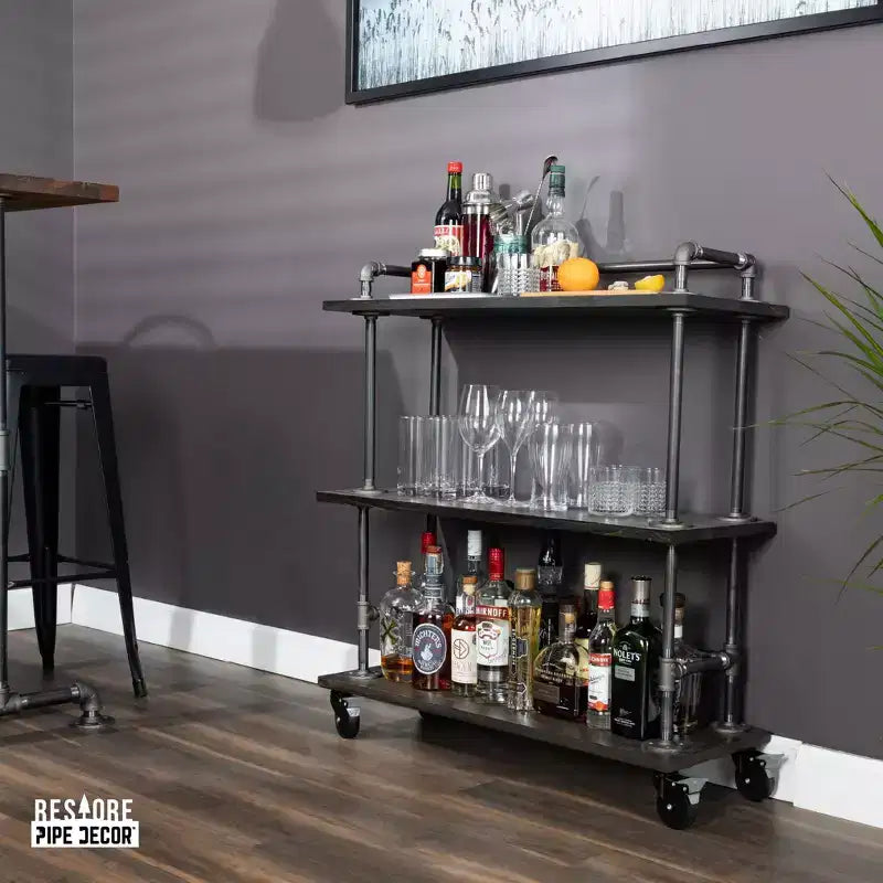 Pipe Decor Carrello Bar Industriale a Tre Ripiani in Legno con Ruote Bloccabili, Trail Brown