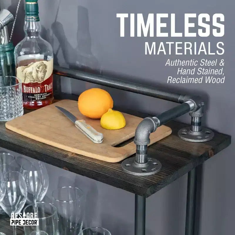 Pipe Decor Carrello Bar Industriale a Tre Ripiani in Legno con Ruote Bloccabili, Trail Brown