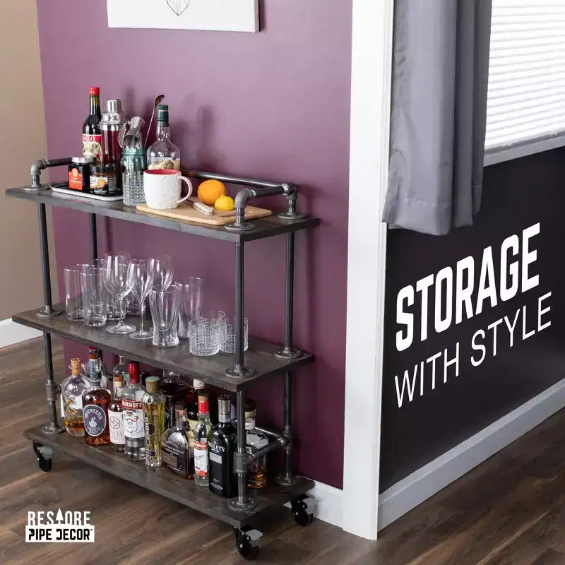 Pipe Decor Carrello Bar Industriale a Tre Ripiani in Legno con Ruote Bloccabili, Trail Brown