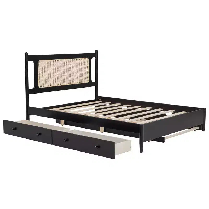 Letto a piattaforma Queen Size in Rattan con letto estraibile, Struttura letto matrimoniale in legno con 2 grandi cassetti portaoggetti