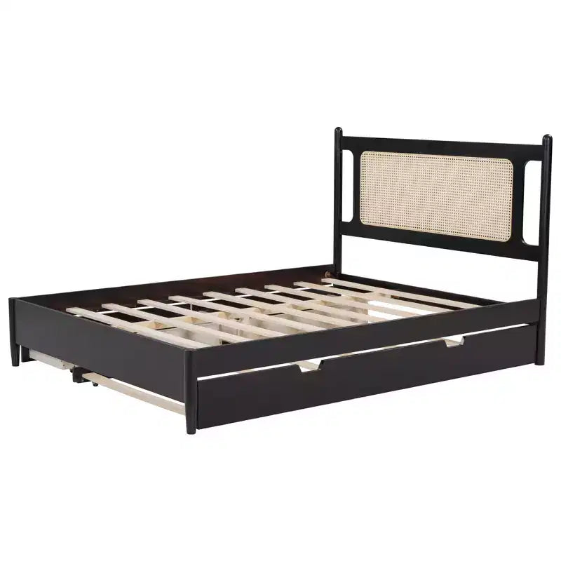 Letto a piattaforma Queen Size in Rattan con letto estraibile, Struttura letto matrimoniale in legno con 2 grandi cassetti portaoggetti