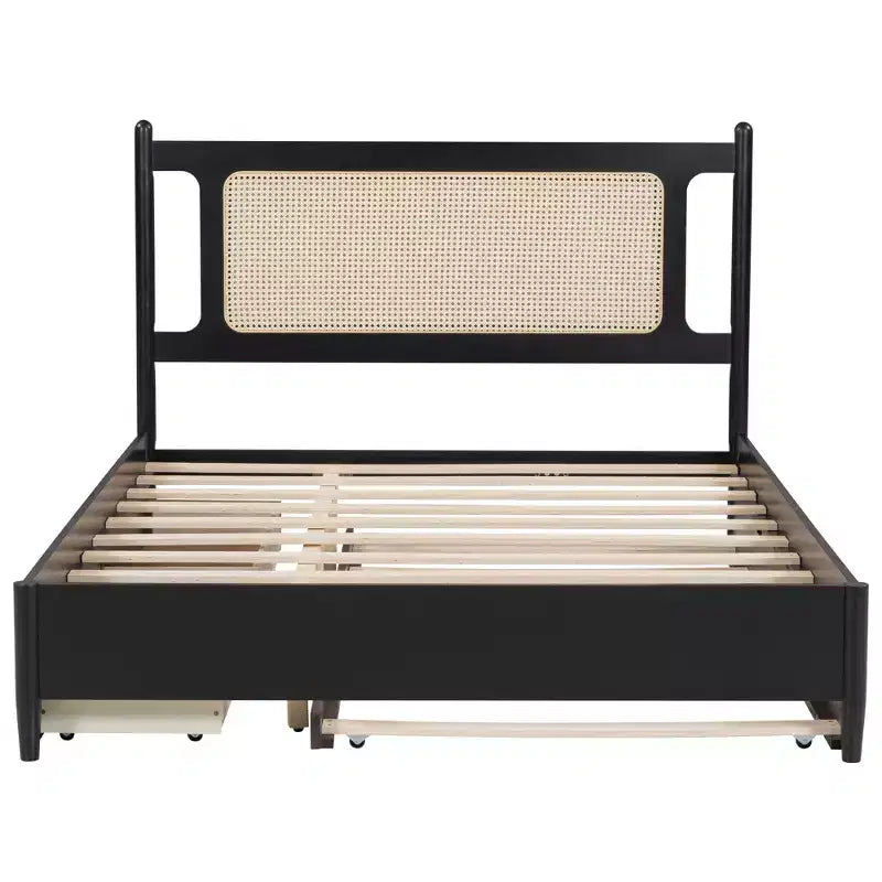 Letto a piattaforma Queen Size in Rattan con letto estraibile, Struttura letto matrimoniale in legno con 2 grandi cassetti portaoggetti