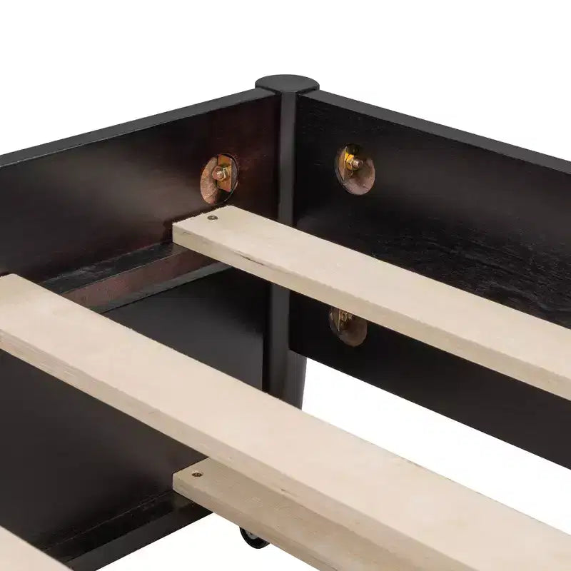 Letto a piattaforma Queen Size in Rattan con letto estraibile, Struttura letto matrimoniale in legno con 2 grandi cassetti portaoggetti