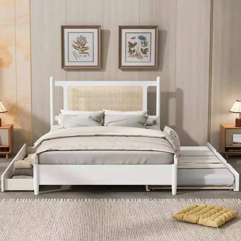 Letto a piattaforma Queen Size in Rattan con letto estraibile, Struttura letto matrimoniale in legno con 2 grandi cassetti portaoggetti