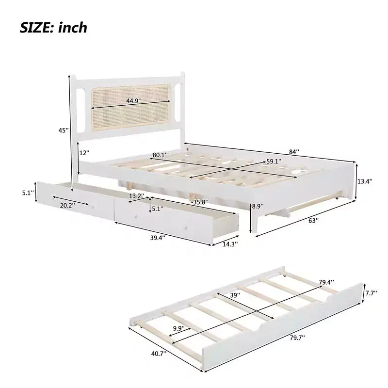 Letto a piattaforma Queen Size in Rattan con letto estraibile, Struttura letto matrimoniale in legno con 2 grandi cassetti portaoggetti