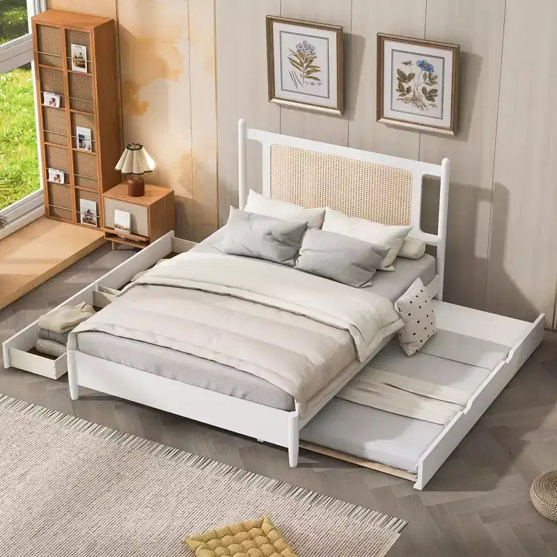 Letto a piattaforma Queen Size in Rattan con letto estraibile, Struttura letto matrimoniale in legno con 2 grandi cassetti portaoggetti