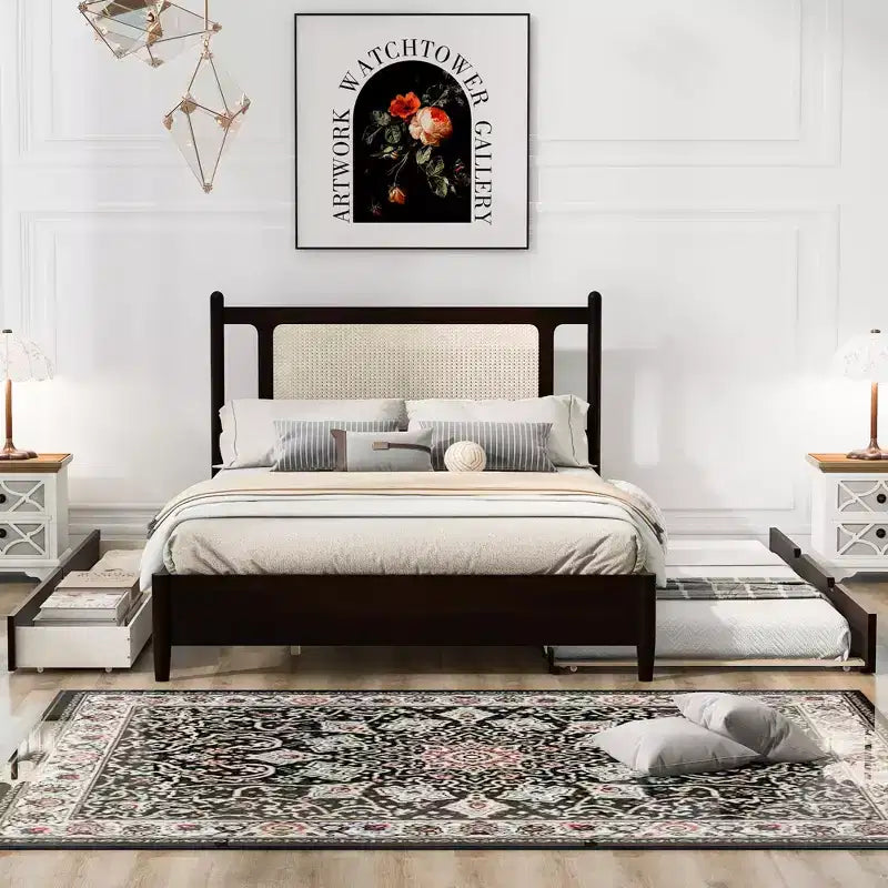 Letto a piattaforma Queen Size in Rattan con letto estraibile, Struttura letto matrimoniale in legno con 2 grandi cassetti portaoggetti